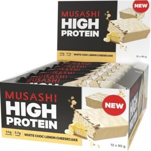 Musashi Protein Bar – 45g Protein, Low carb, Protein Snack - White chocolate Lemon Cheesecake 12 pack