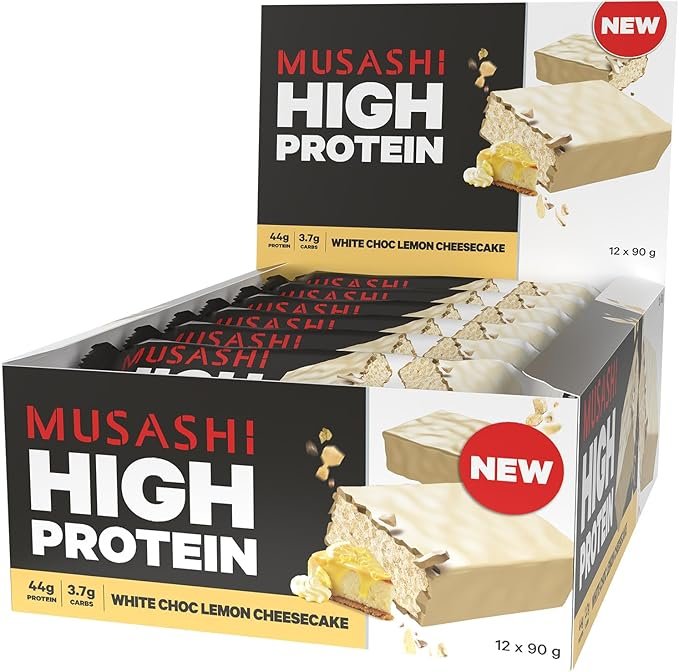 Musashi Protein Bar – 45g Protein, Low carb, Protein Snack - White chocolate Lemon Cheesecake 12 pack