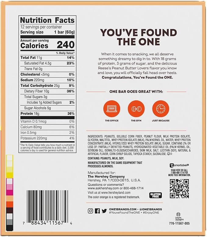 ONE Protein Bars, Reese's Peanut Butter Lovers, Gluten Free with 18g Protein and 3g Sugar, Pantry Staples, 2.12 oz (12 Count) - Image 5